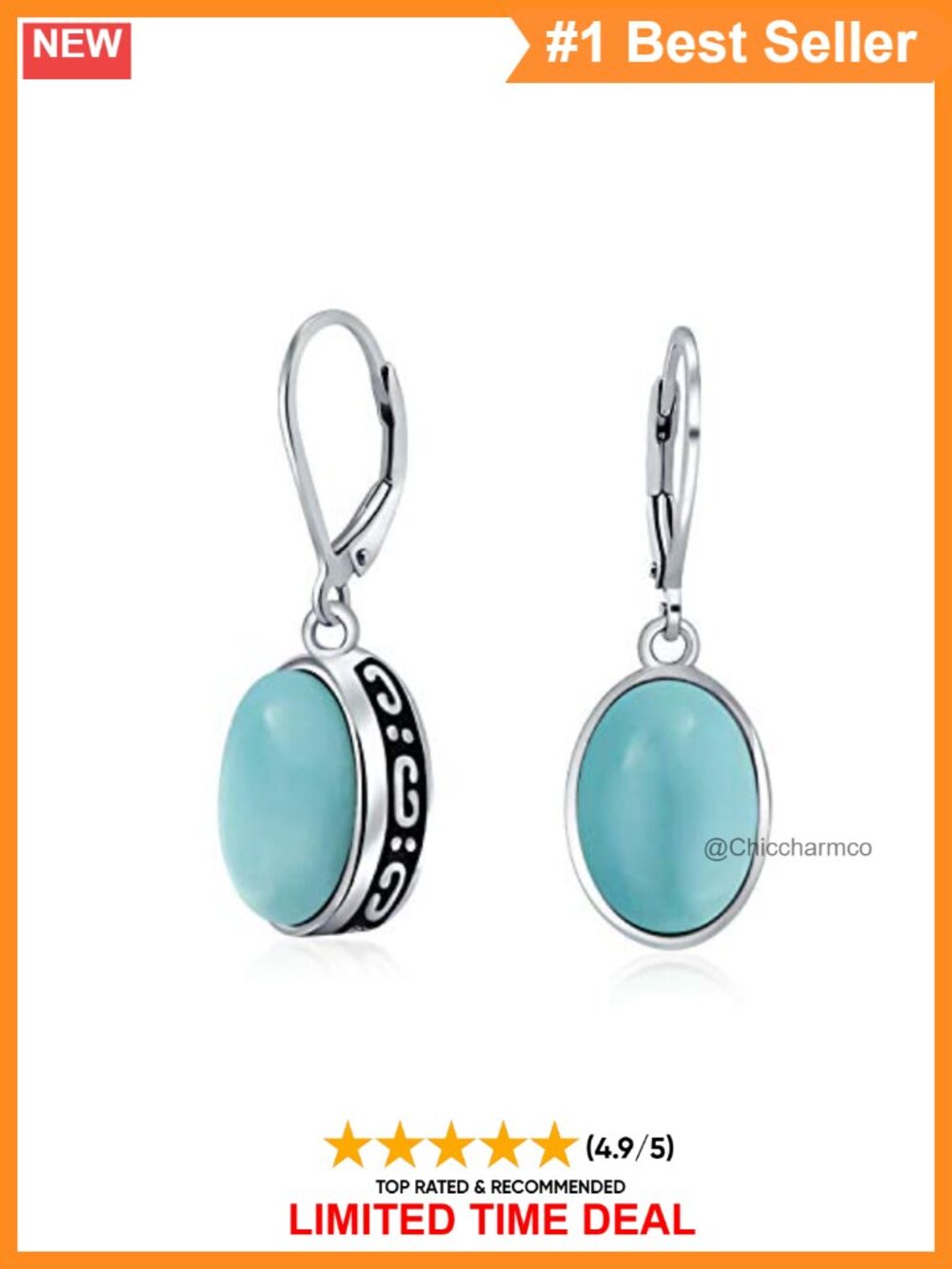 Sterling Silver Oval Larimar Drop Earrings Bezel Set Scroll Edge Dangle